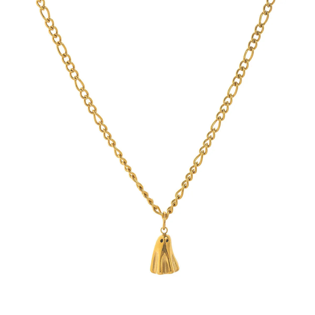 Ghost pendant necklace on a twisted stainless steel chain, shown in Cable, Figaro, and Mini Staple style options.