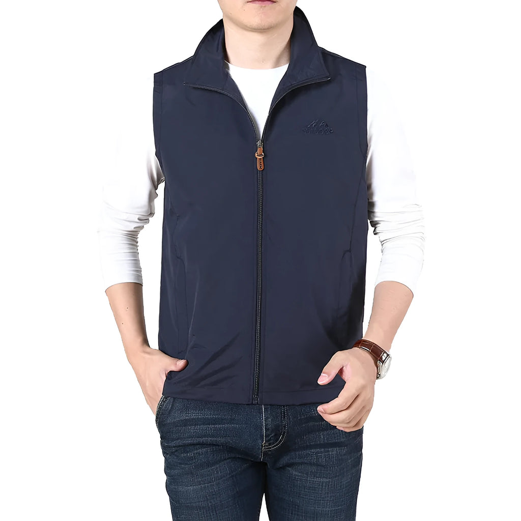 Men's thin loose-fit waistcoat vest in a solid colour with side seam pockets.