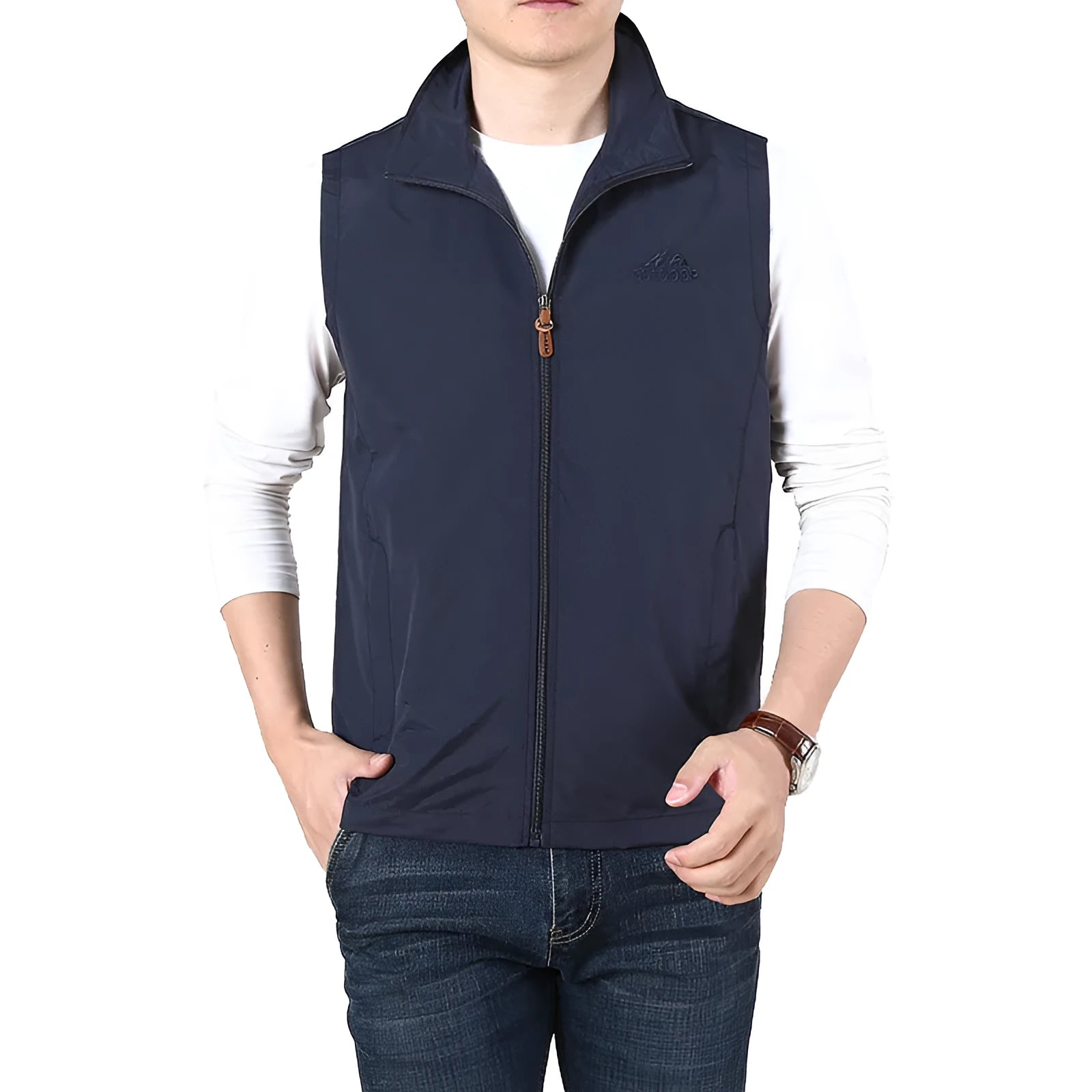 Men's thin loose-fit waistcoat vest in a solid colour with side seam pockets.