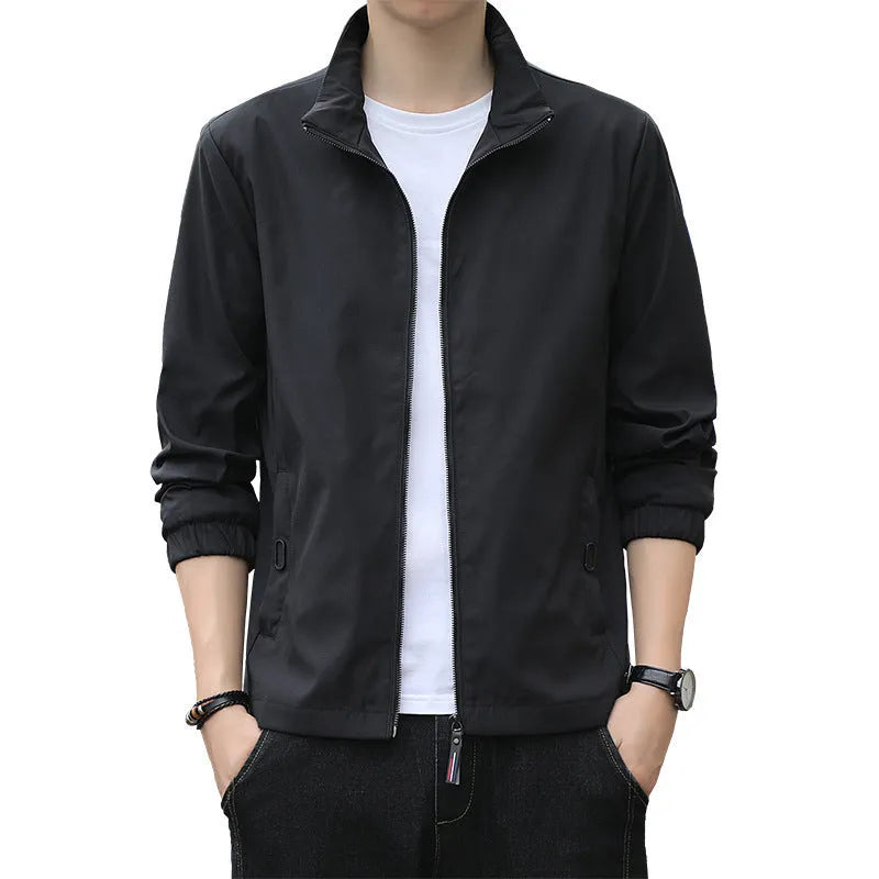 Korean style loose lapel casual jacket in black, lightweight polyester blend construction with zipper closure