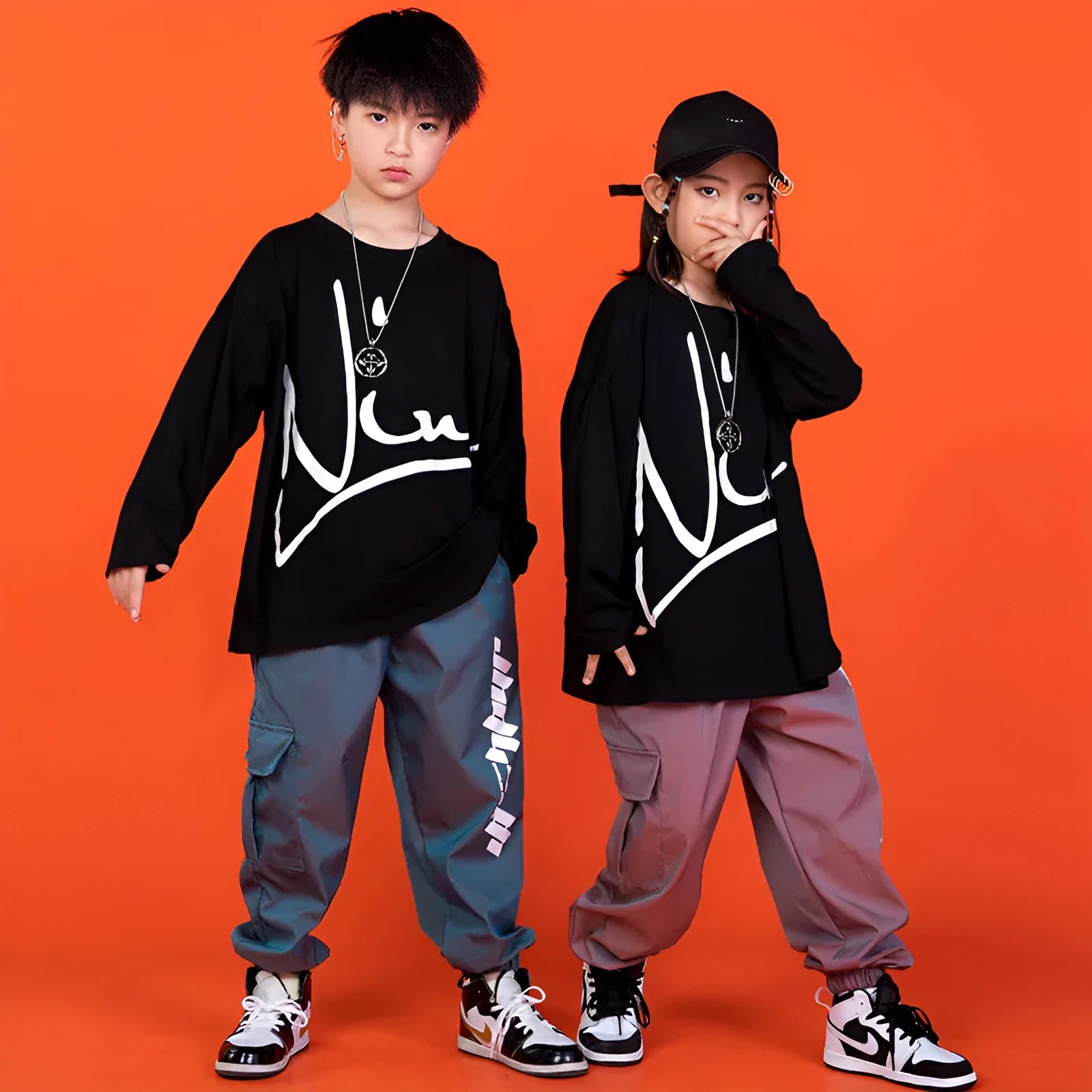 Children's cotton hip hop clothing set, loose fit, unisex, black top with grey blue pants, sizes 110-180cm