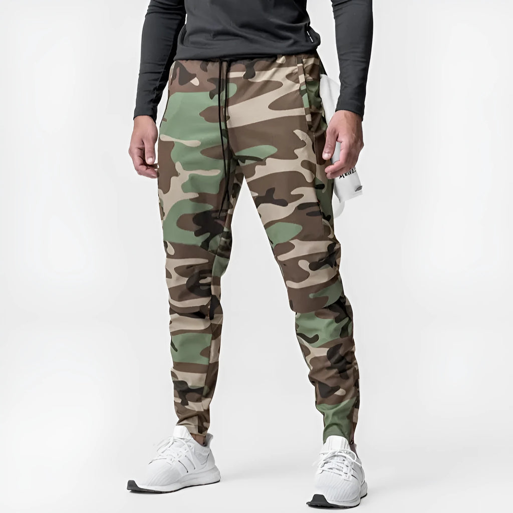 Men's loose grey running pants with ankle ties, quick-drying polyester fitness trousers for exercise