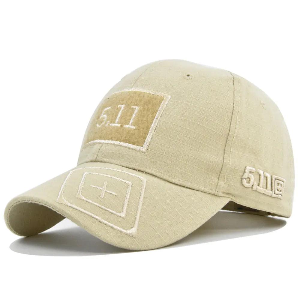 Cotton baseball cap with wide brim and adjustable back, displayed on a neutral background