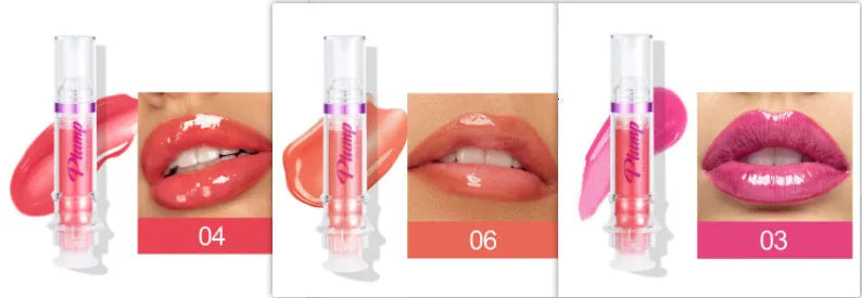 Tube of lip gloss showing shiny finish, available in six different colour shades.