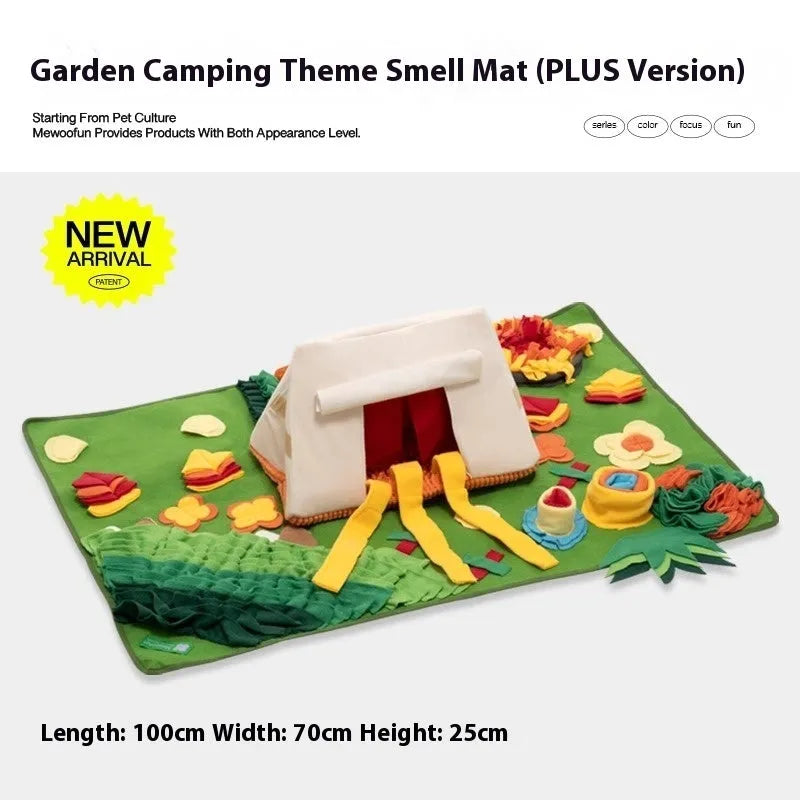 Dog sniffing mat with themed pattern for hiding treats and mental stimulation