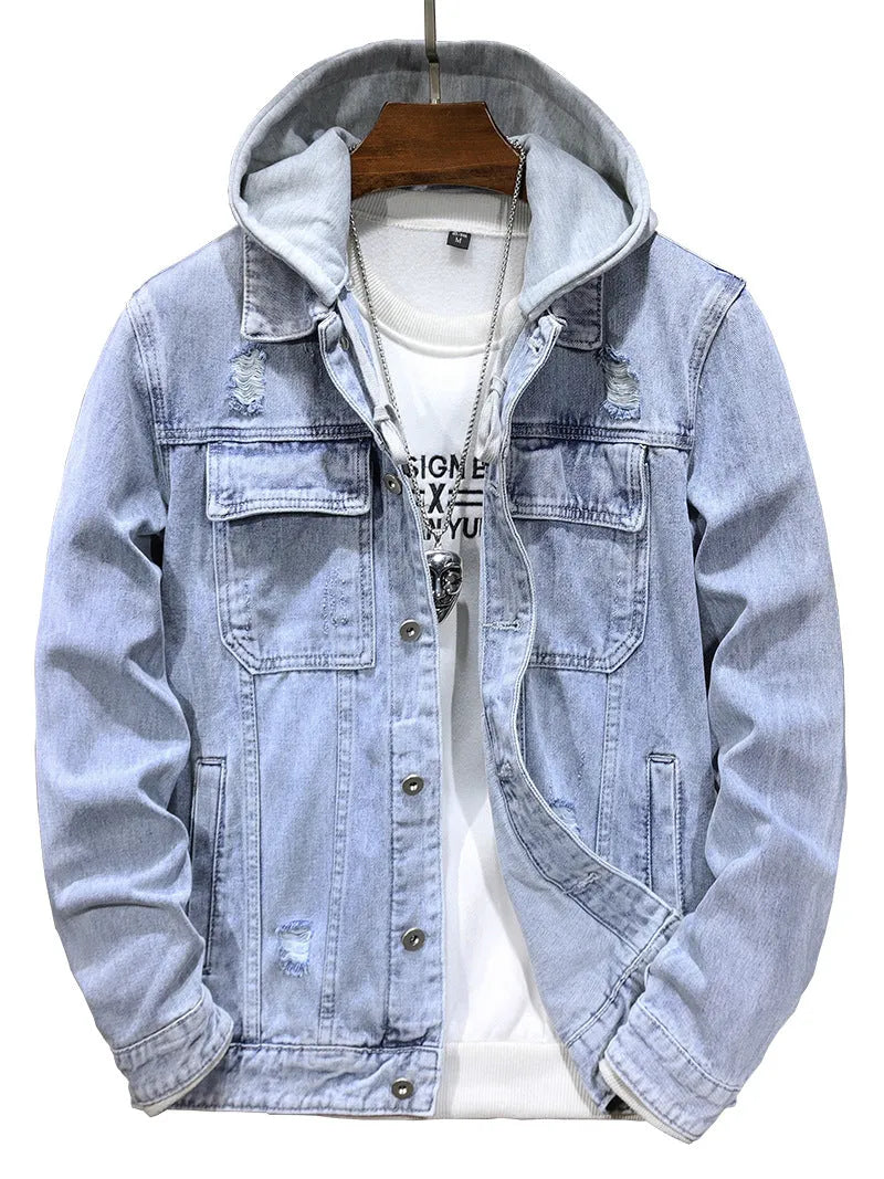 Men's light blue cotton denim jacket with detachable hood and side pockets