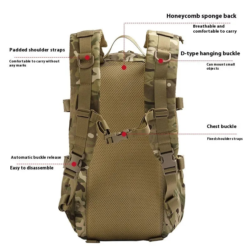 Camouflage nylon 20L backpack with curved shoulder straps and YKK zipper for outdoor commute and leisure