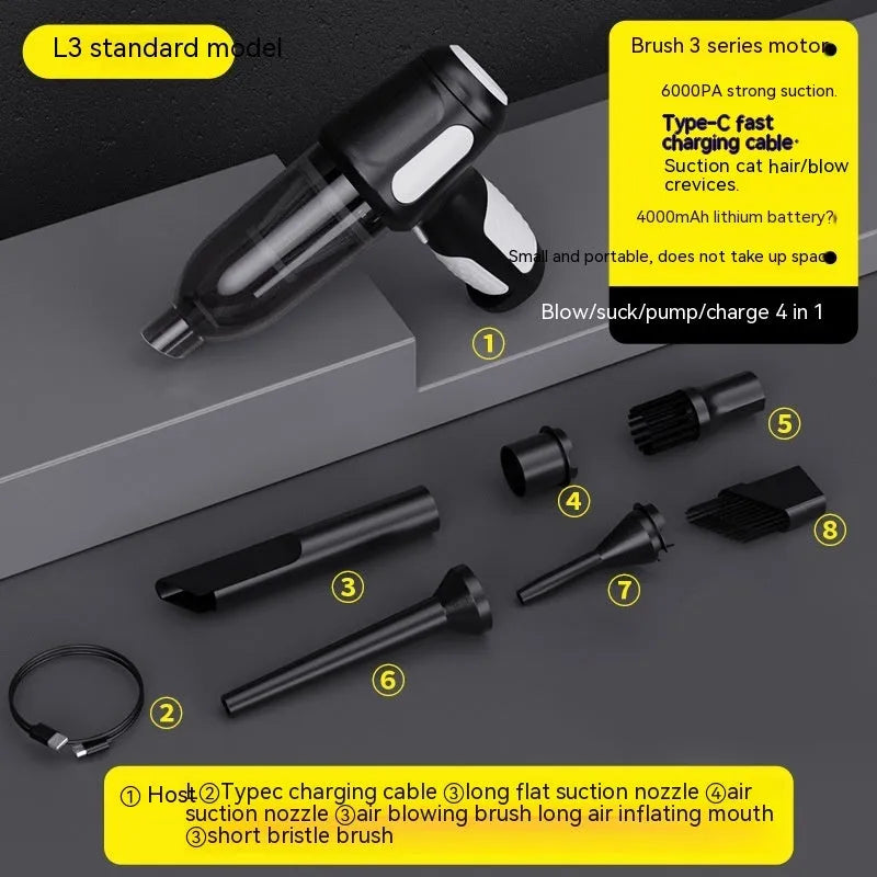 Black cordless handheld car vacuum cleaner with attached brush nozzle and charging cable.