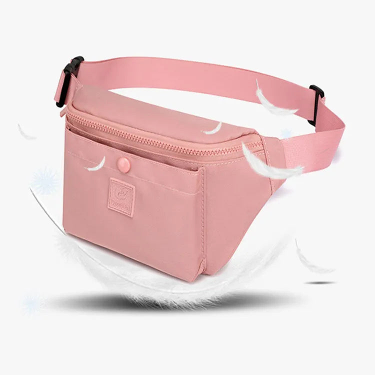 Women's nylon crossbody fanny pack in black with zippered compartments and letter detail.