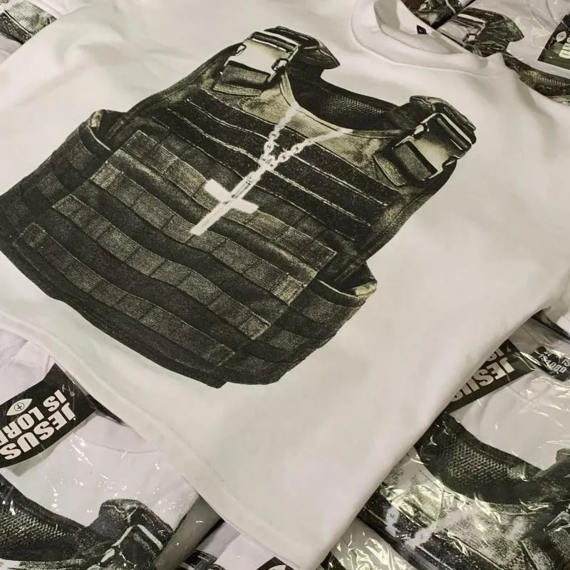 A man's printed short-sleeve cotton T-shirt in a retro street style with a drop-shoulder design.