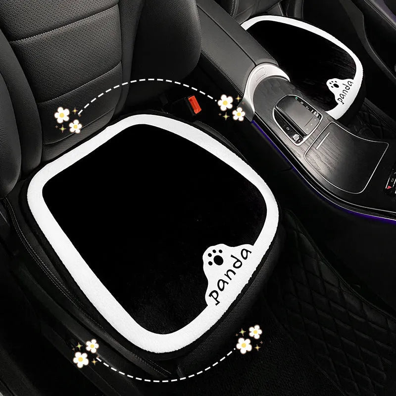 Winter plush panda car seat cushion with elastic hemming and memory foam filler on car seat