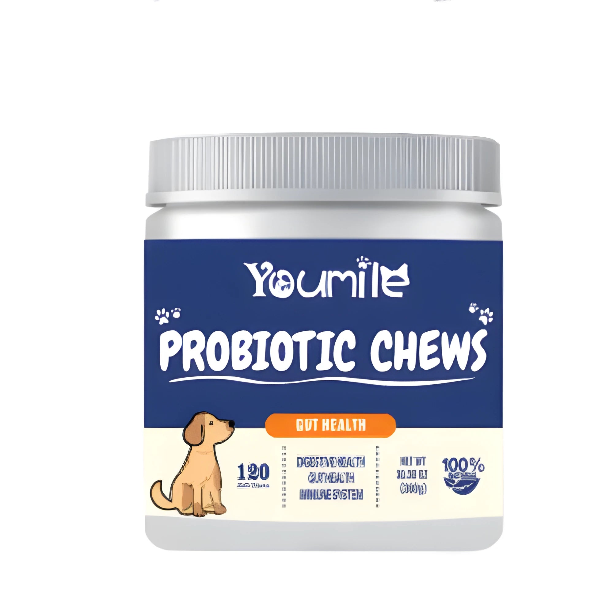 Bottle of probiotic chewing tablets 120 capsules for digestive health