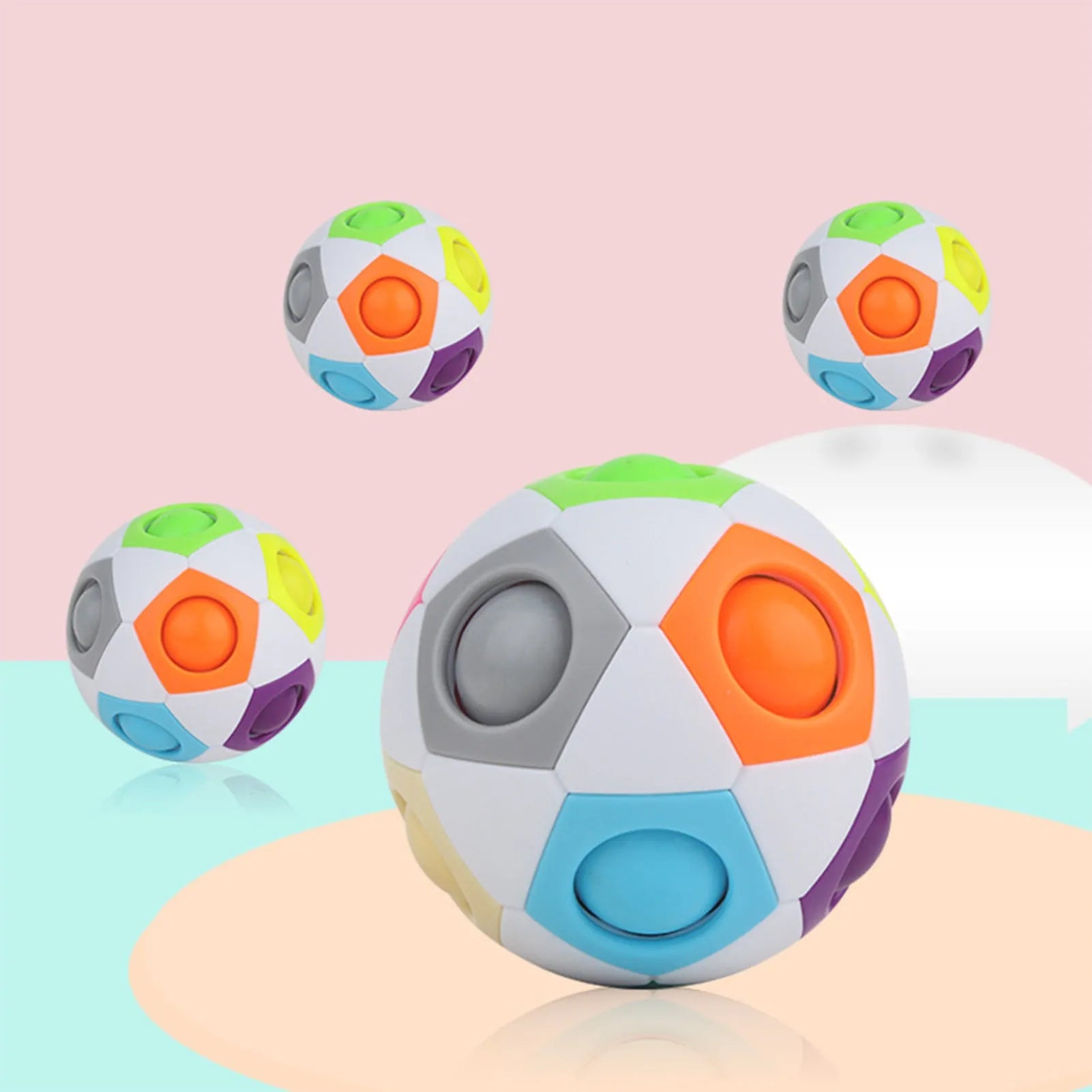 Multicoloured hexagon plastic puzzle ball with visible internal coloured balls, 7cm in diameter.