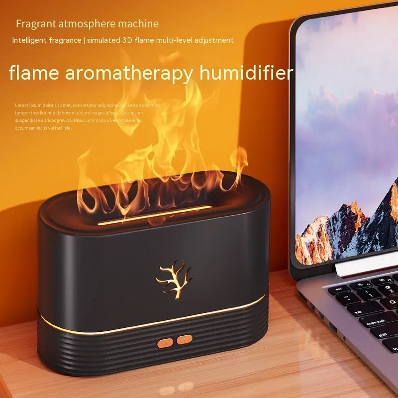 White square flame humidifier with LED fire simulation and USB power cable