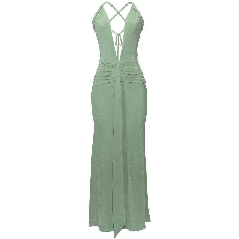 Green fishtail dress with deep V backless design and high waist