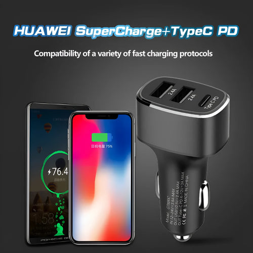 Dual-output car charger with USB and Type-C ports for fast charging devices in vehicles