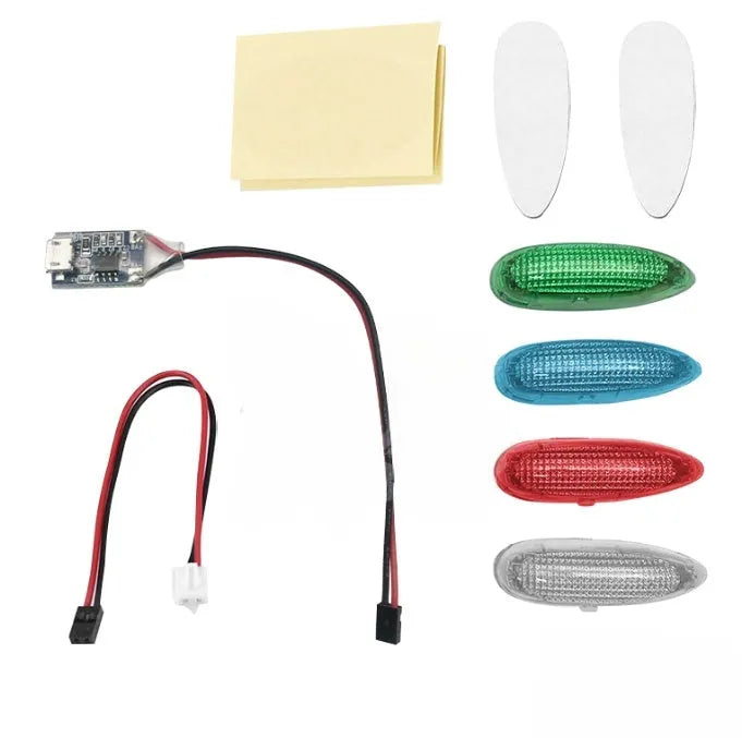 Aviation model running light unit with LED and charger components for fixed-wing aircraft.
