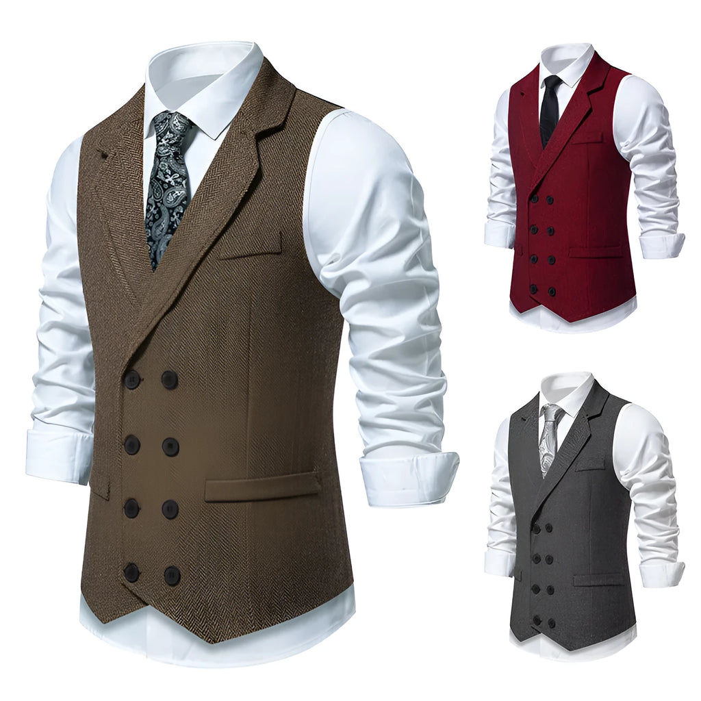 Men's herringbone tweed suit vest with double-breasted retro lapels, slim fit, pleated patch pockets, solid colour, straight hem