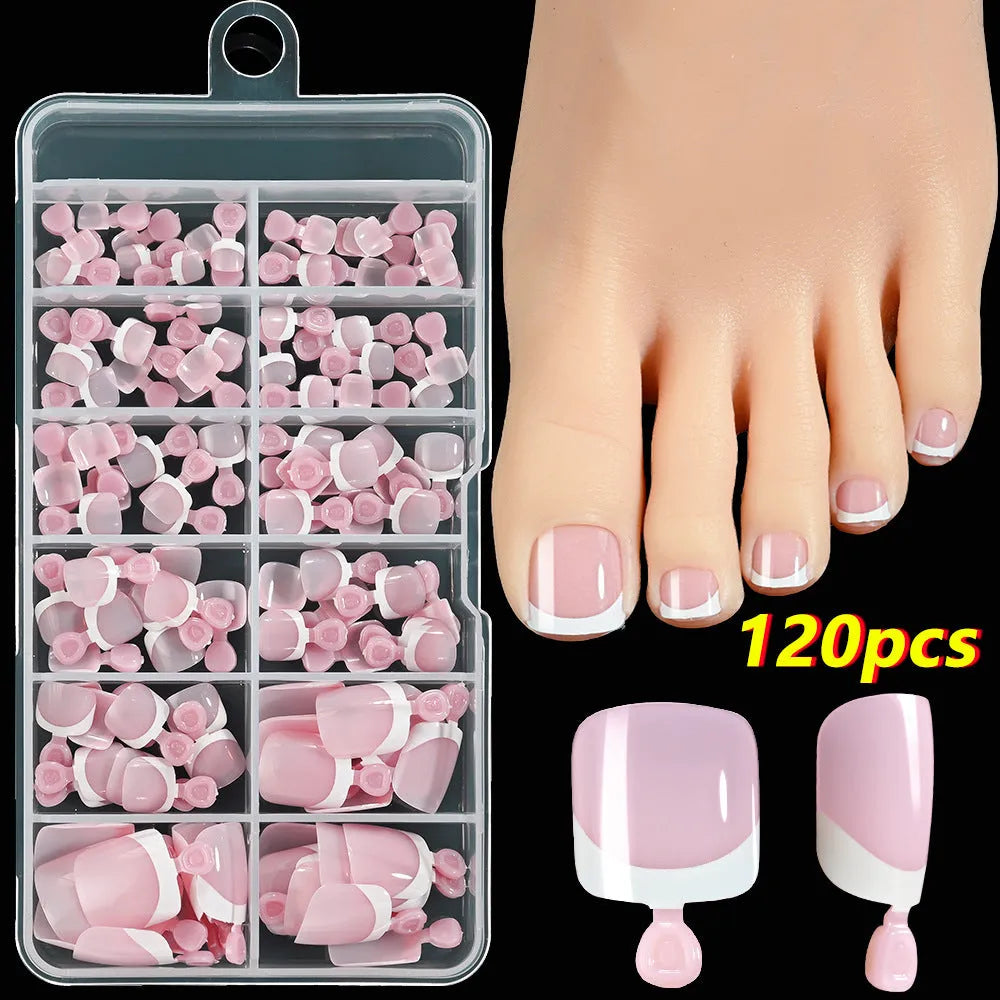 120 pieces box of French white edge short full square toe nail pieces for ladies in multiple colours