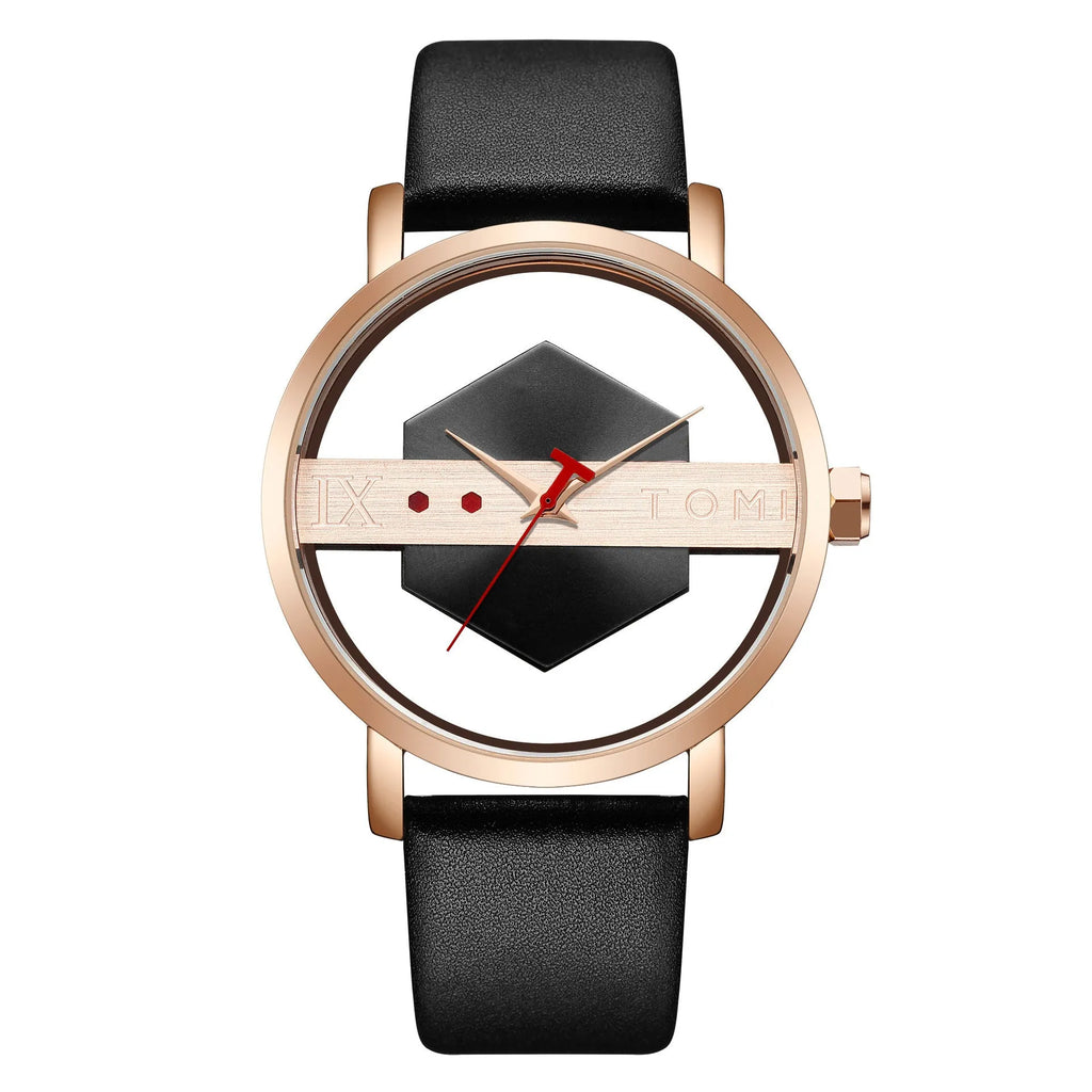 Hollow out see-through unisex leather casual quartz watch with brown gold surface and slim 10mm case