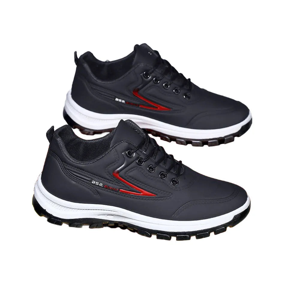 Waterproof leisure shoes with artificial PU upper in black and grey colour combination