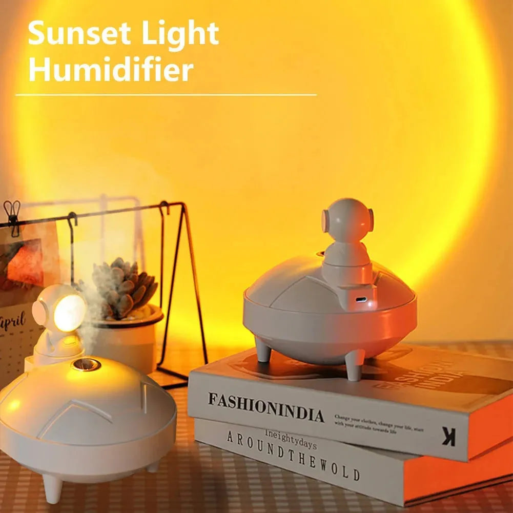 Astronaut sunset lamp humidifier with 360 degree rotating head in green colour, placed on a nightstand