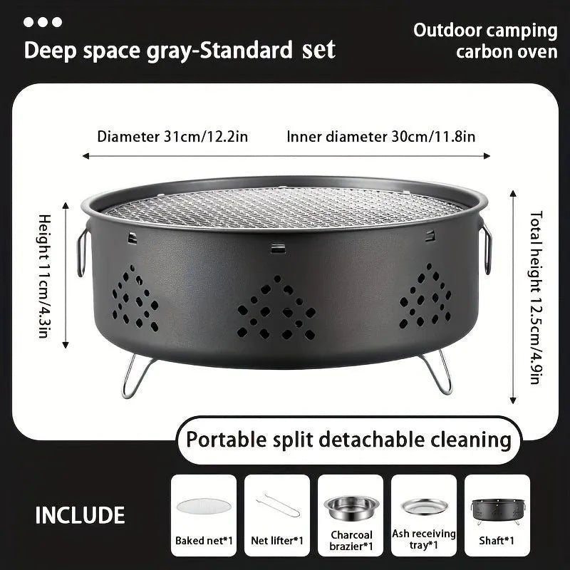 Portable stainless steel campfire grill with detachable parts and storage bag on grass