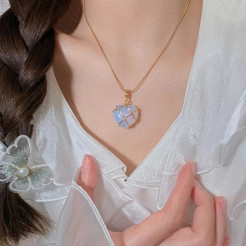 Fashion moonstone heart necklace with electroplated gold finish, adjustable chain, Barbie opal colour