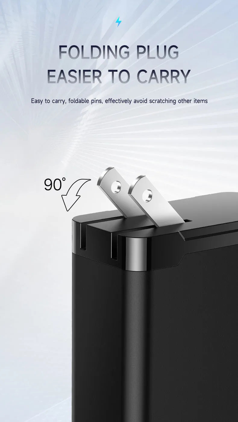 65W GaN multi-port fast charger with two USB-C and one USB-A output, black colour, British standard plug