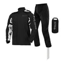 Motorcycle raincoat and rain pants suit in black with hidden shoe covers and storage bag