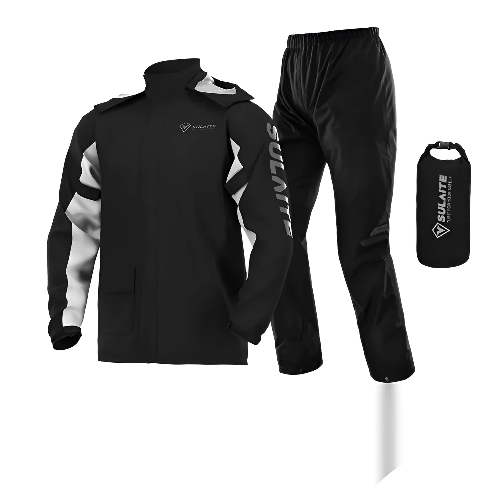 Motorcycle rain suit set with split raincoat, trousers, shoe covers and storage bag