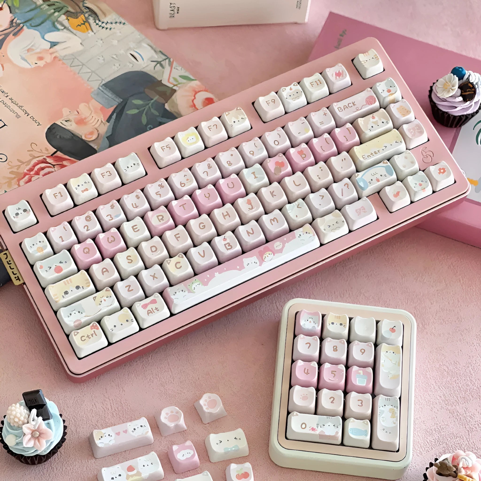 Meow Meow Team themed 141-piece mechanical keyboard key cap set with colourful sublimated artwork.