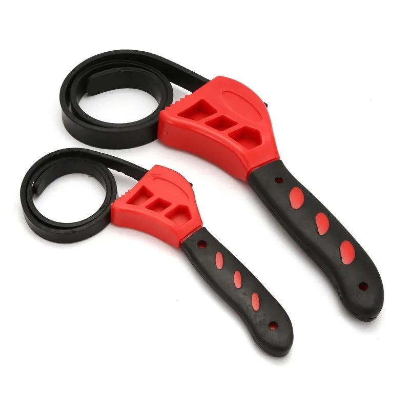 A 6-inch and 8-inch adjustable rubber strap wrench set on a white background.