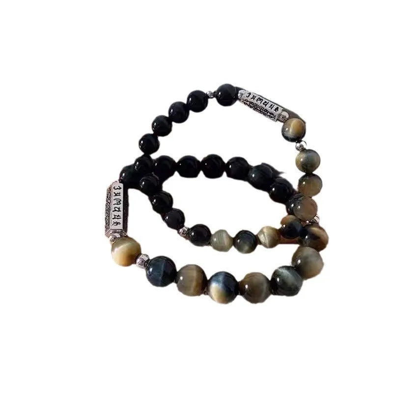 S925 sterling silver bracelet with Tigereye Obsidian beads and mantra engraving for men and women.