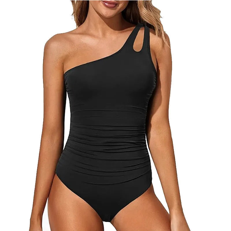 European style women's solid colour shoulder-strap bikini set with polyester lining