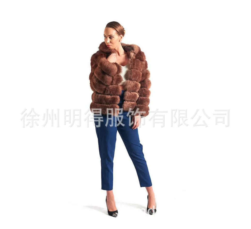 Women's loose-fit artificial fur hooded coat in street fashion style.