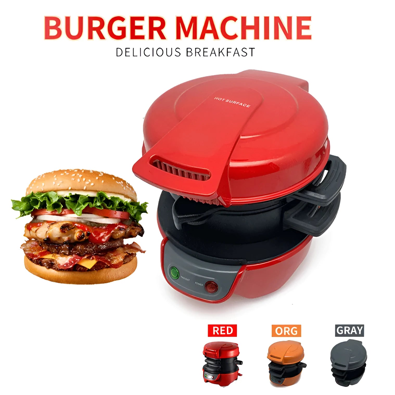 Bright red household breakfast machine with sandwich maker, egg cooker ring, and waffle functions
