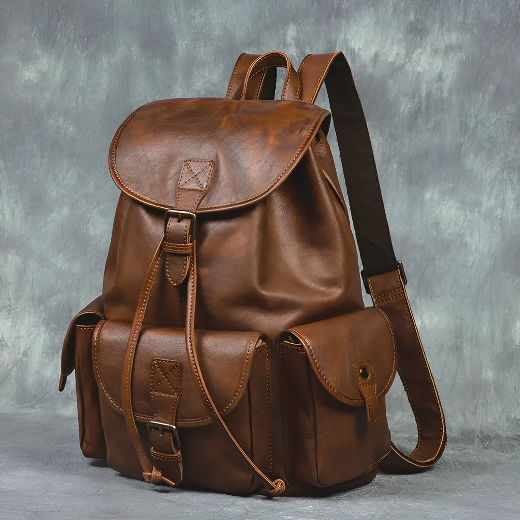 Genuine leather retro backpack for men, top grain leather, ergonomic back panel, 15 inch laptop capacity, light brown colour