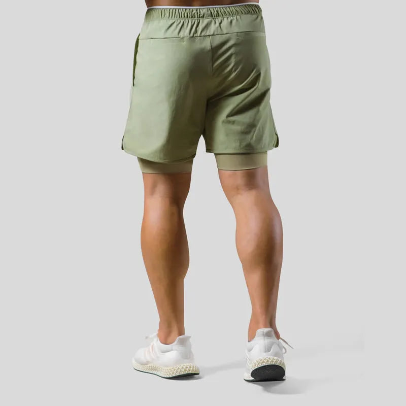 Men's double layer running casual shorts in light slate green with built-in lining
