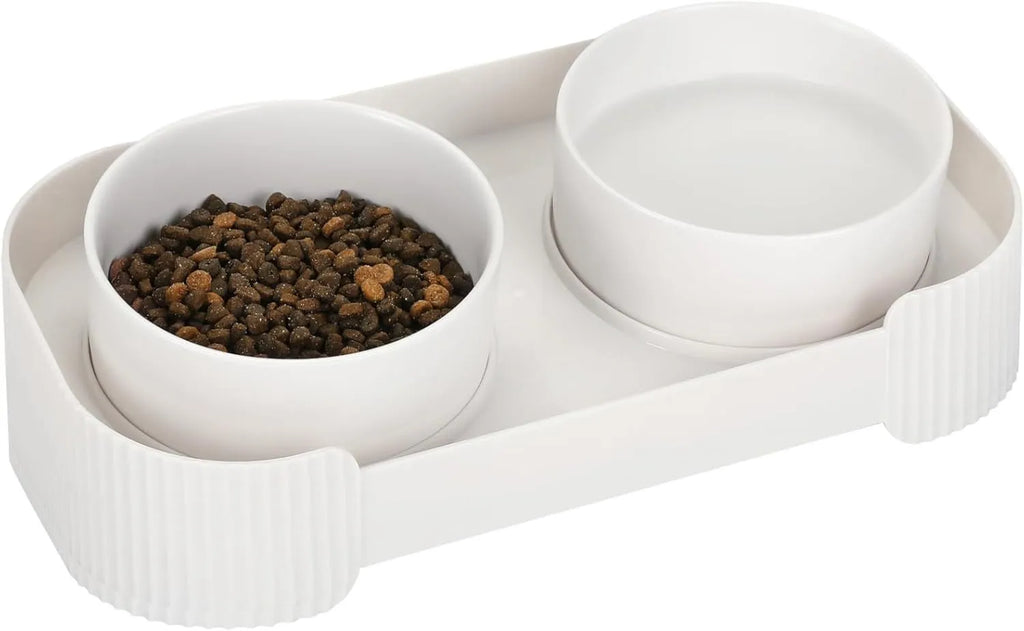 Ceramic elevated cat bowls with 15° tilted stand, green colour, non-slip base, 33x17x6 cm