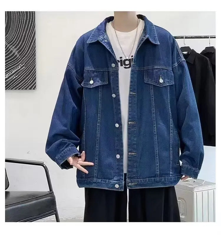 Ins Autumn Loose-fitting Denim Jacket in dark blue with side seam pockets, front view