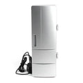 Silver USB mini fridge with open door showing two beverage cans and interior LED light