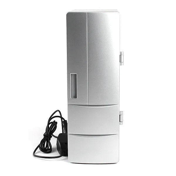 Silver USB mini fridge with open door showing two beverage cans and interior LED light