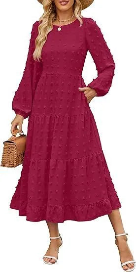 Autumn long sleeve dress with high waist and ruffle sleeves in solid colour options