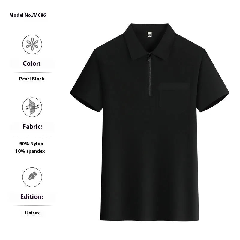 Short sleeve nylon shirt with multiple zippered pockets on the lapel, shown in silver grey.