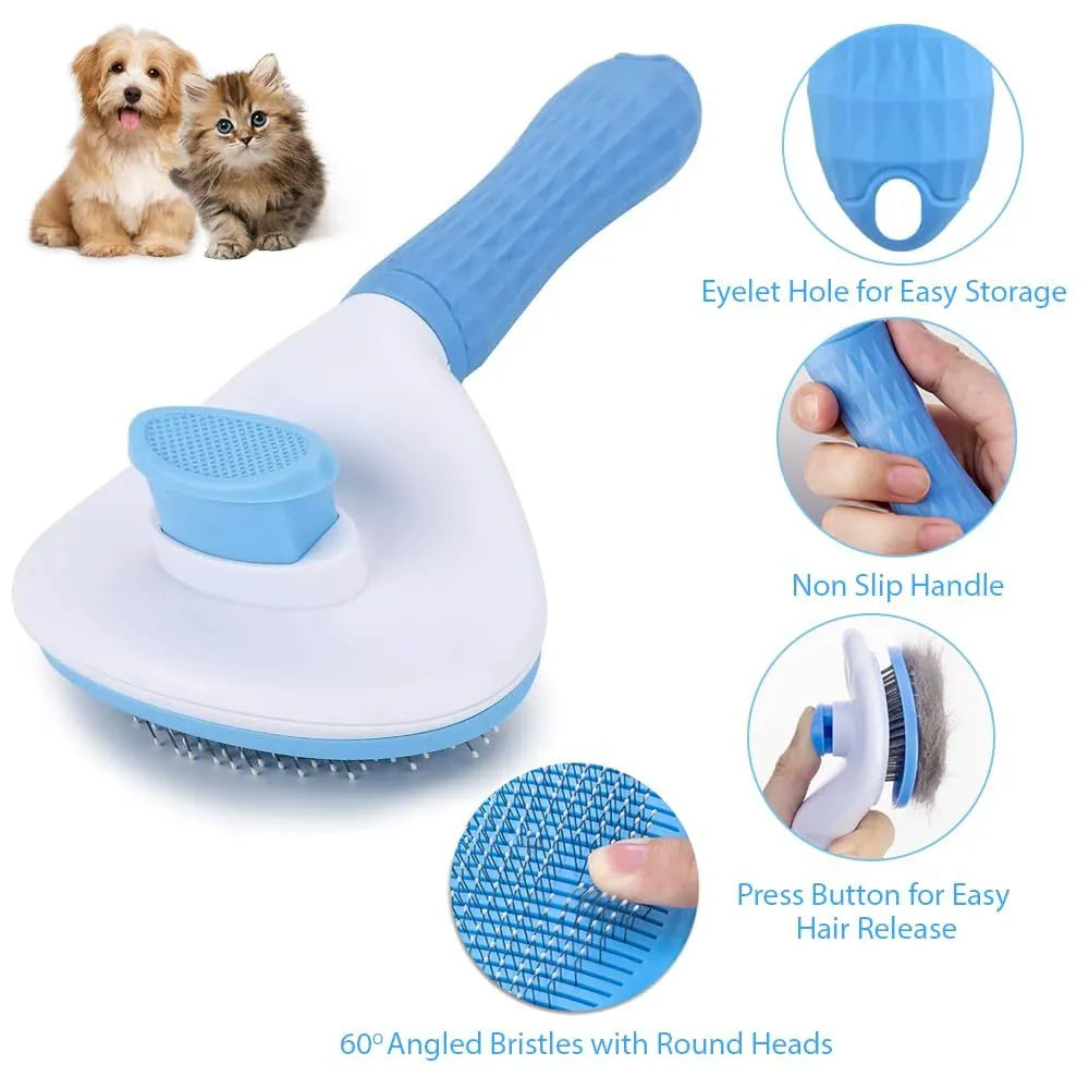Cat grooming brush with release button in blue, grey and pink colour options
