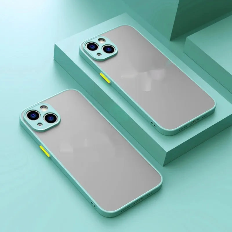 Frosted magnetic phone case for Apple iPhone on a table, showing anti-fingerprint matte finish.