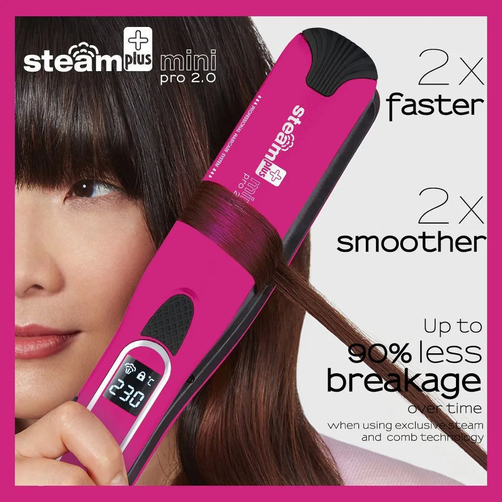 Mini steam hair straightener in champagne colour with styling plates visible