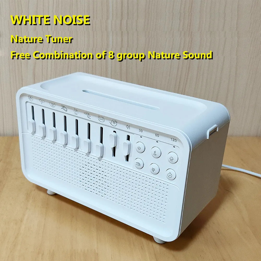 White geometric 3-in-1 Bluetooth speaker with white noise, humidifier, and night light functions.