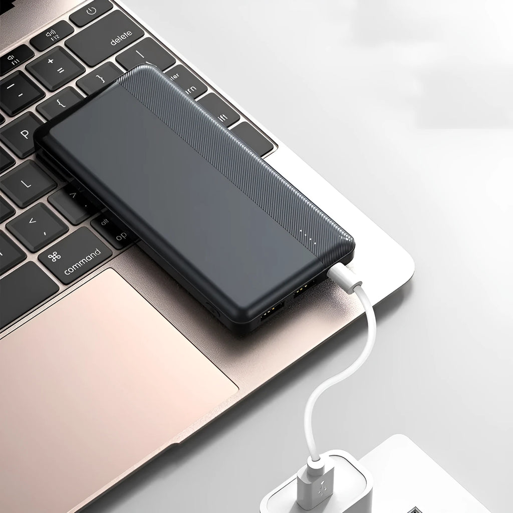 20000mAh portable power bank in white with 2.1A input output and slim 15mm design